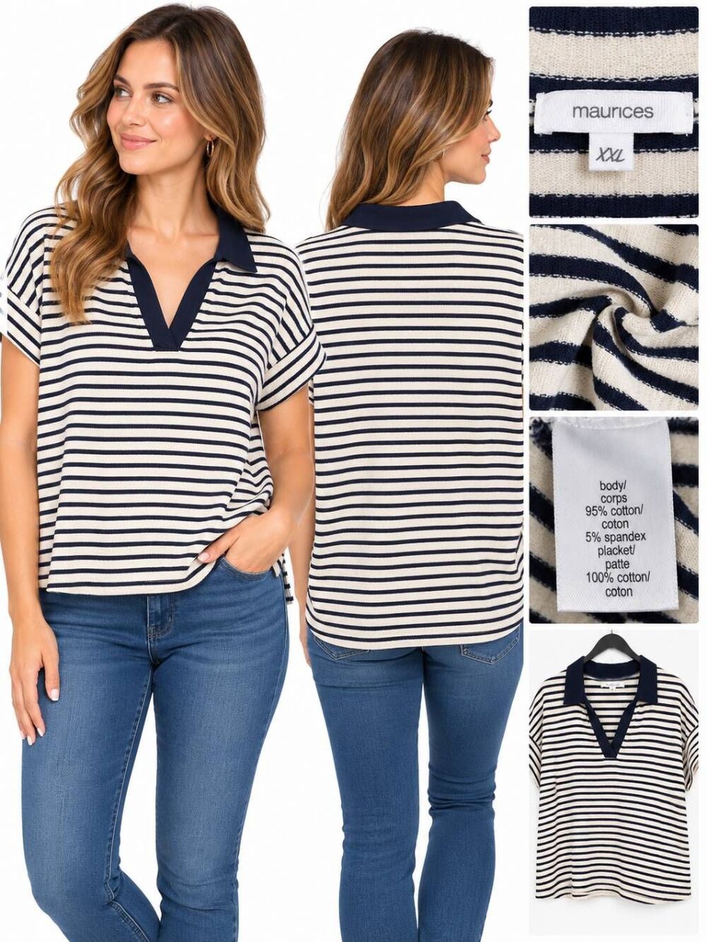 Maurices Women’s Striped Short Sleeve Polo Collar Top Navy White Size XXL
